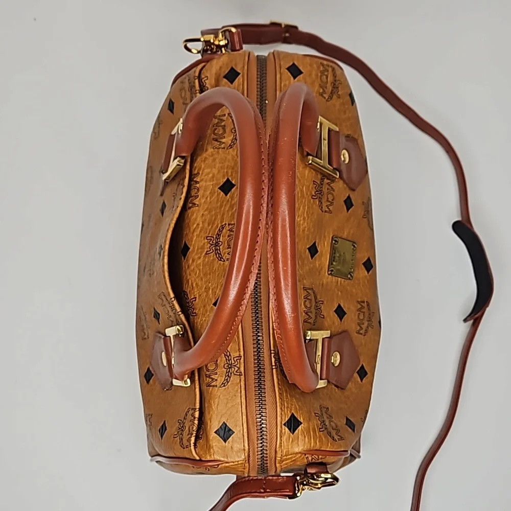 Authentic MCM Monogram Vintage Speedy Bag Cognac Visetos w/ Crossbody Strap